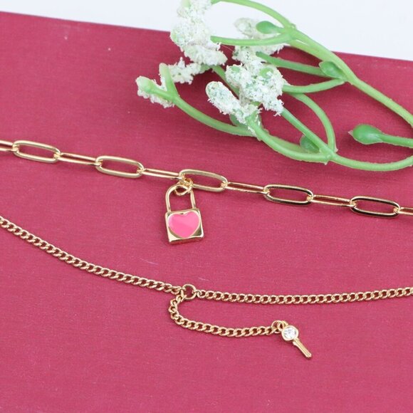 "Dual Layer Rose Gold Bracelet with Heart Lock & Key Charms, XPBL1157 - Picture 9 of 12